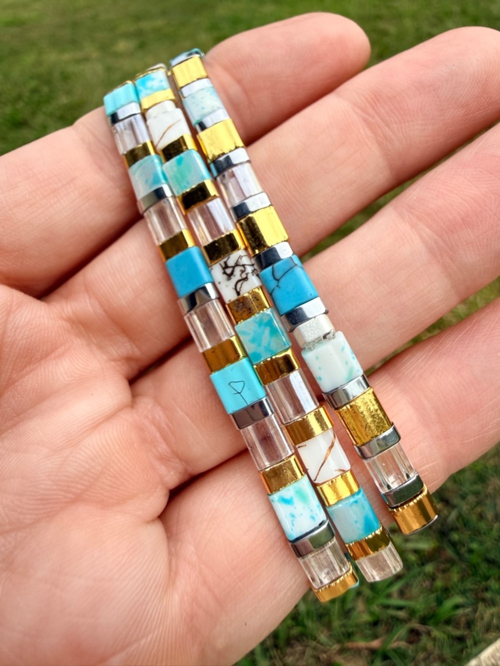 Turquoise & Gold Tile Stretch Bracelet Set - Women's Jewelry